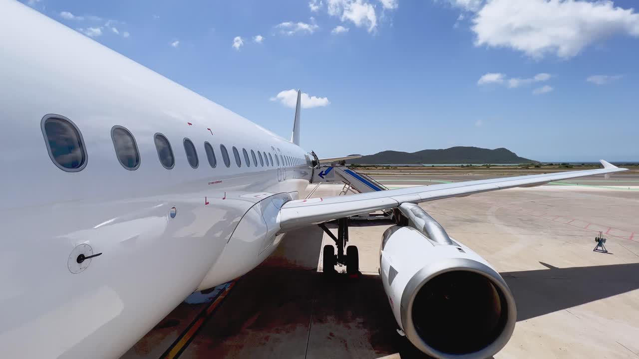 vista inclinada hacia abajo desde la puerta delantera del ala del fuselaje y el motor del avión estacionado en el aeropuerto de las islas baleares de ibiza con escaleras adjuntas en un día soleado