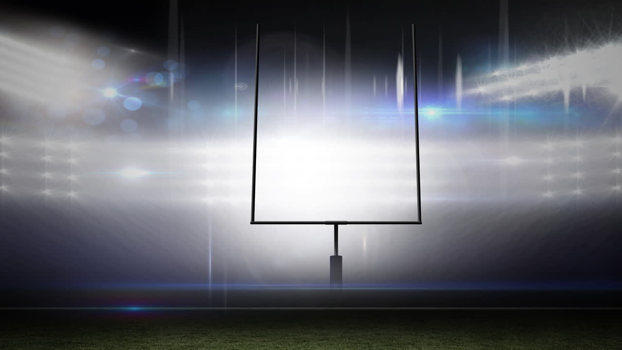 Animation of american football goalposts and cloudy sky at floodlit stadium