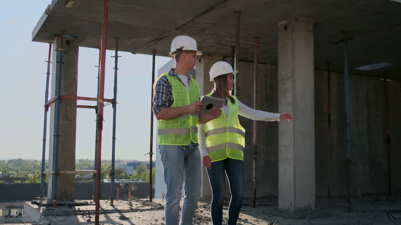 supervisor de un edificio en construcción hombre discutiendo con ingeniero diseñador mujer el progreso de la construcción y examina un plan de construcción.