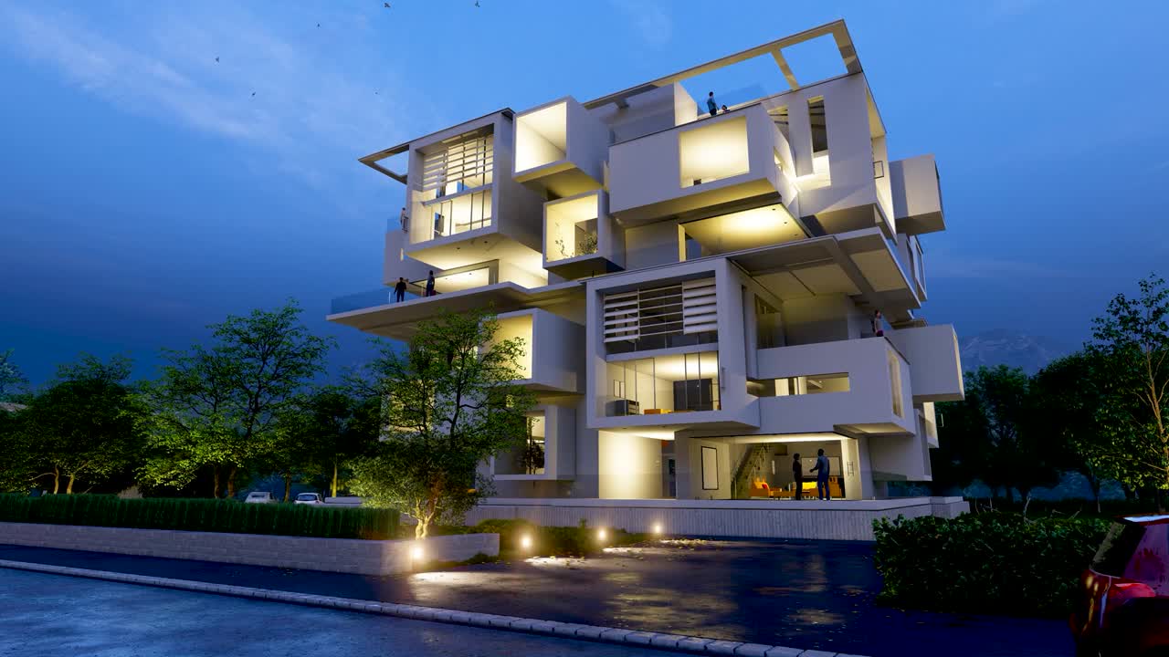 moderno edificio residencial de lujo al anochecer