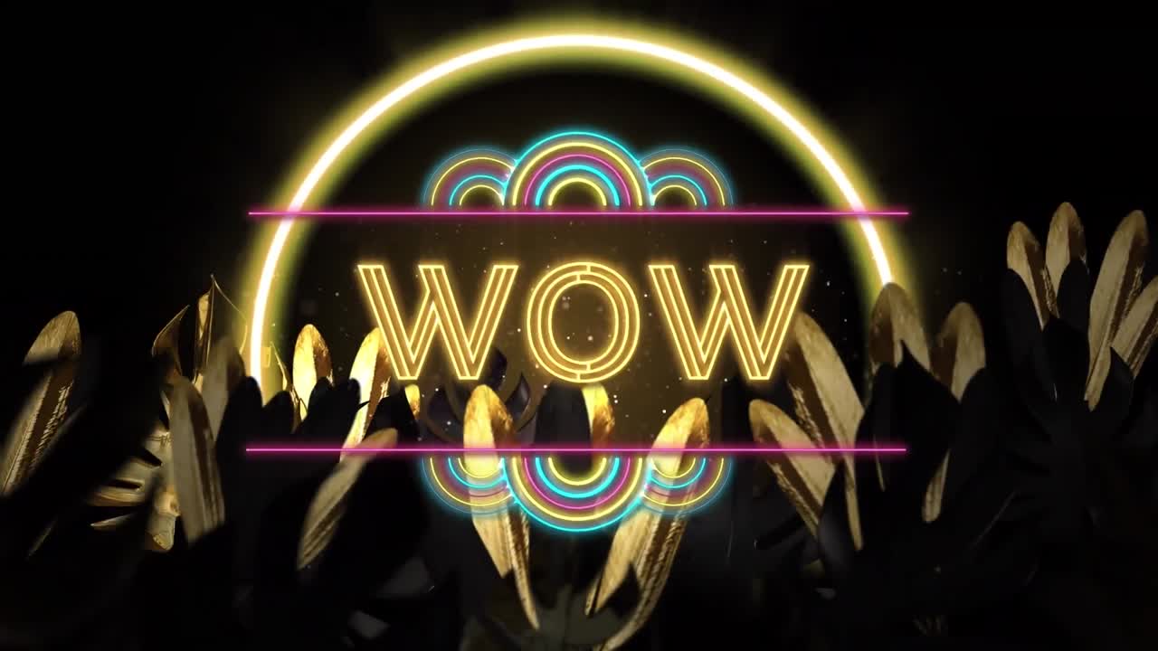 검은색 배경의 잎 위에 와우 텍스트와 네온 원의 애니메이션