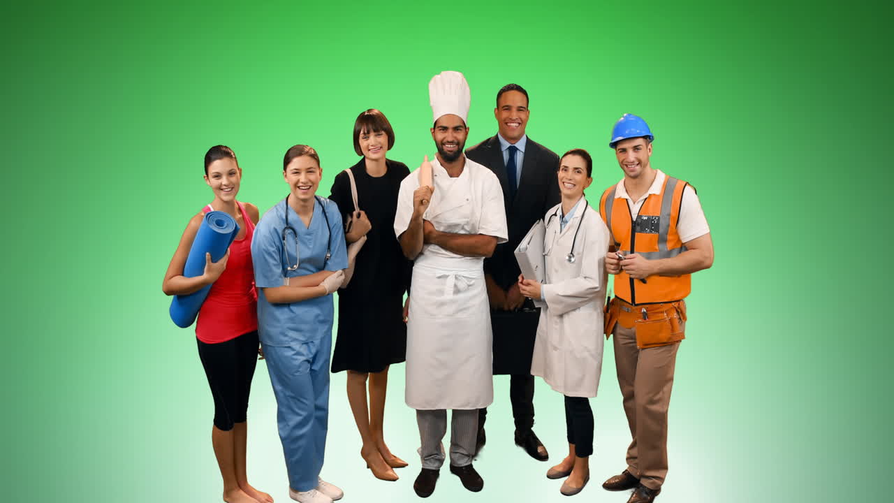 Animation of group of professionals smiling over green background