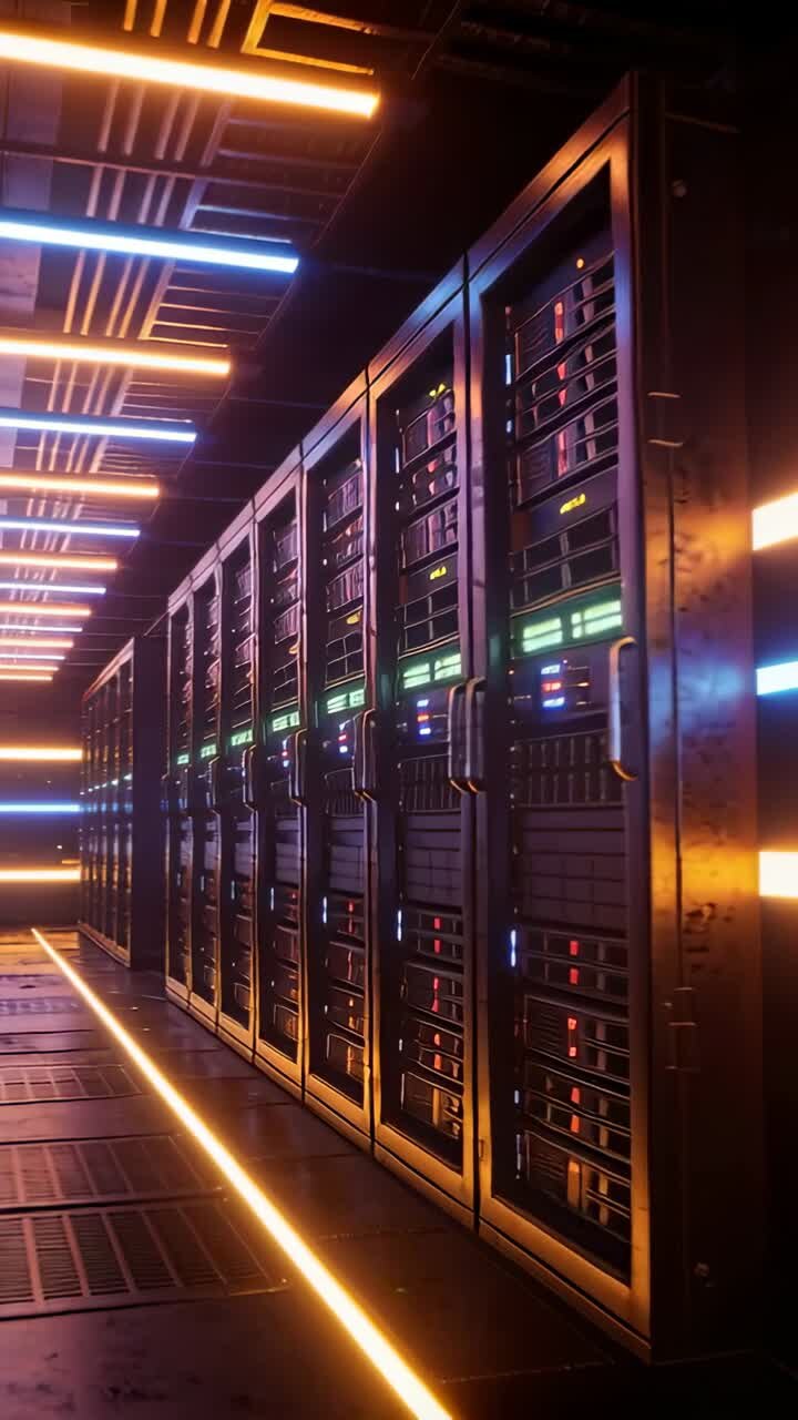 Modern Server Room with Neon Light Trails