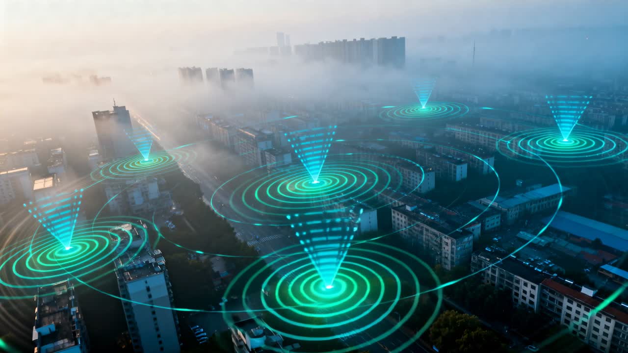 Sensores activando superposición IoT pulsando sobre niebla, formando anillos y arcos, mapeando enlaces.