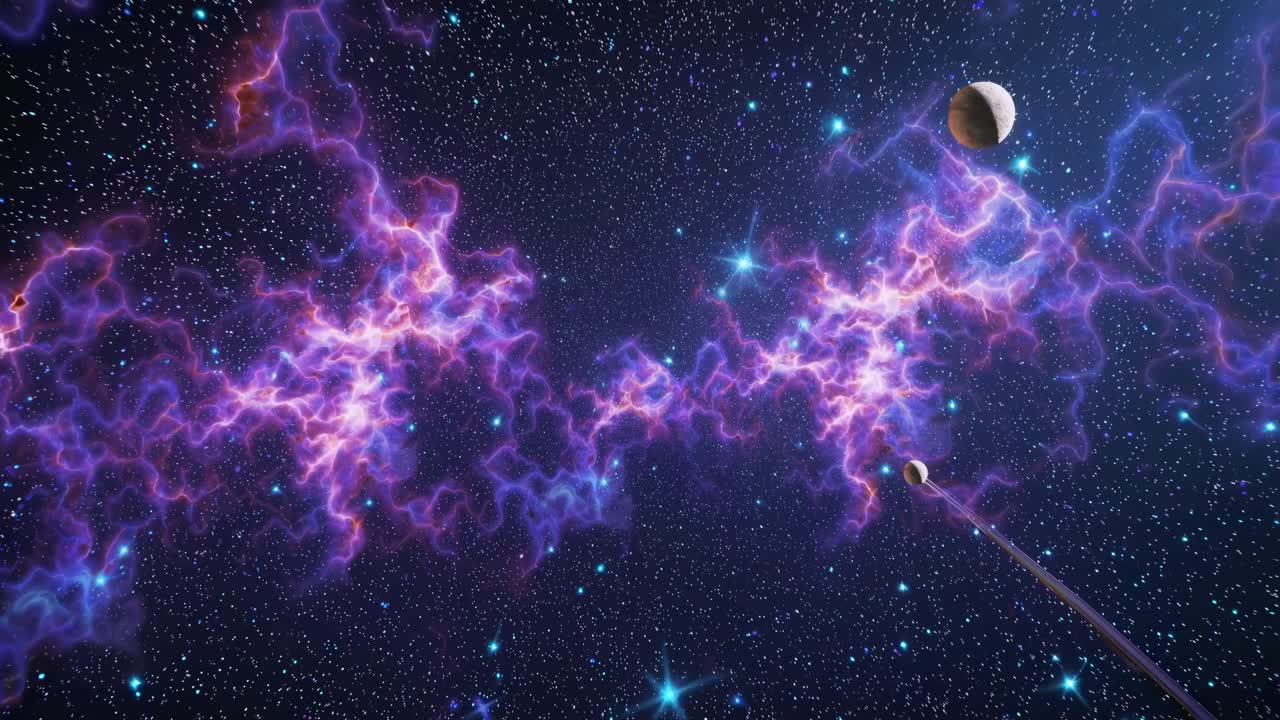 A cosmic video scene with vibrant purple nebulae and stars, captured from a low-angle perspective