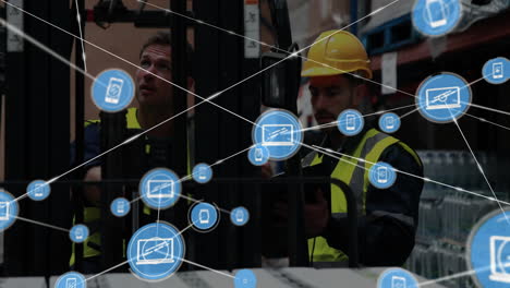 operating forklift, warehouse workers connected to devices with data flow animation