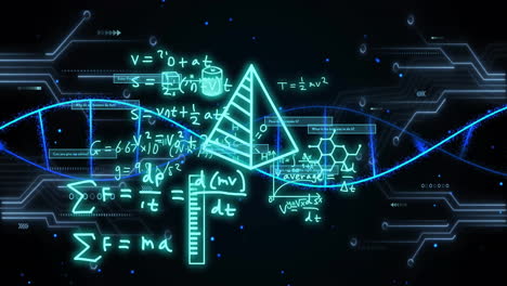 Animación-De-Una-Cadena-De-ADN-Sobre-Ecuaciones-Y-Figuras-Matemáticas.