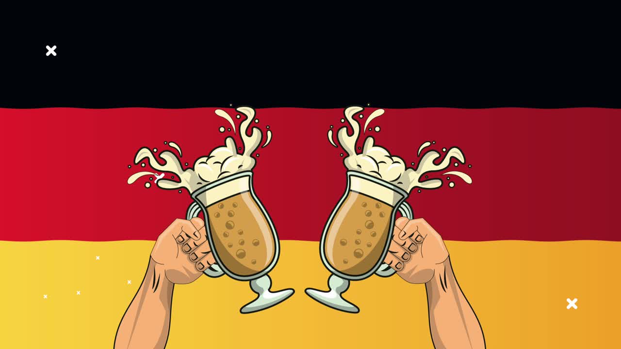 happy oktoberfest celebrazione animazione con le mani brindando con birre e bandiera tedesca