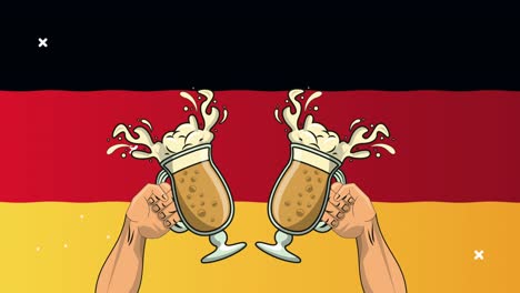 happy oktoberfest celebration animation with hands toasting with beers and germany flag