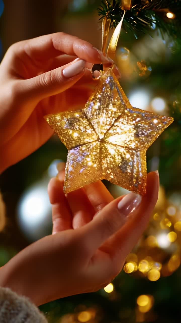 A Beautifully Crafted Star-Shaped Ornament Being Handled with Care, Perfectly Encapsulating the Spirit of the Holiday Season Within a Festively Decorated Christmas Tree Setting and a Warm Atmosphere