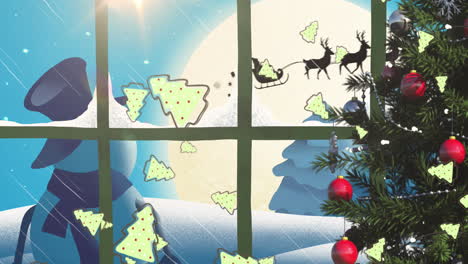 animation of silhouette of santa claus in sleigh being pulled by reindeer with snowman