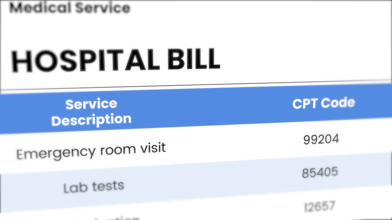 Nærbillede af hospitalsregning med servicebeskrivelser og CPT-koder