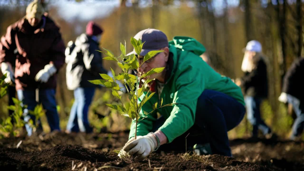 Low-angle shot of volunteers planting trees, capturing community spirit and environmental care