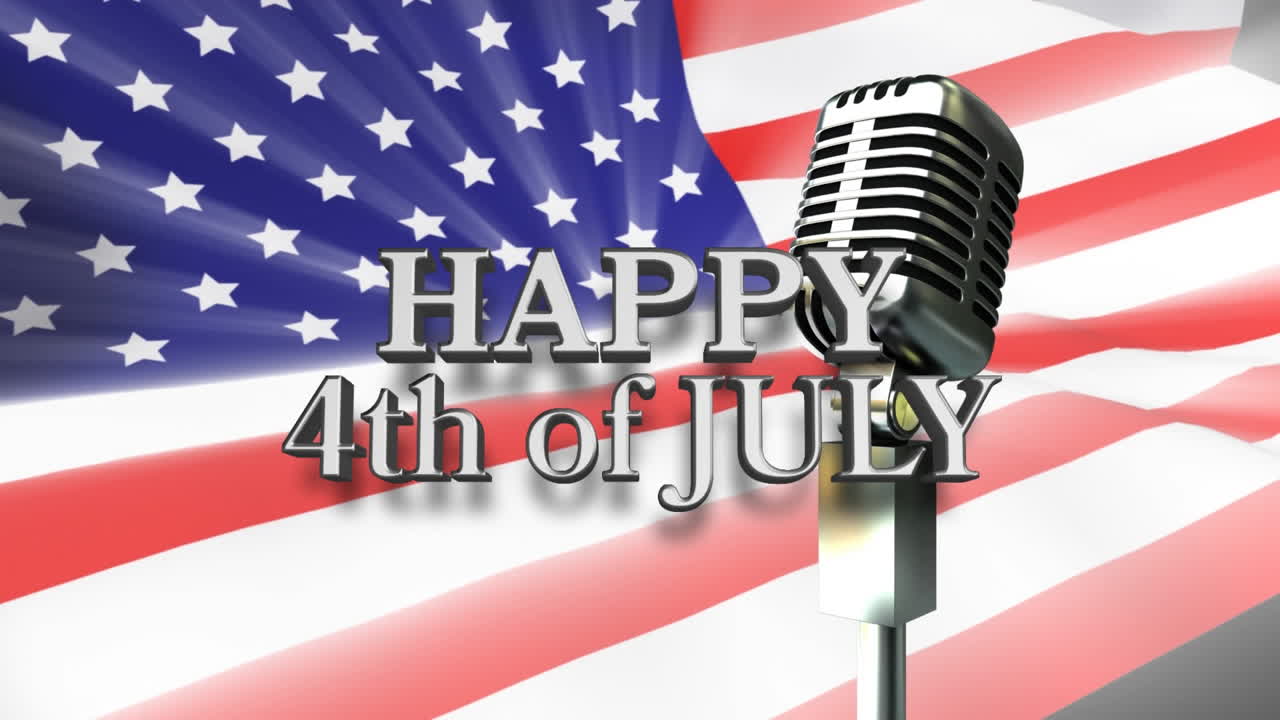 행복한 7월 4일 (happy 4th of july) 의 애니메이션, 미국 발을 흔들고 있는 텍스트와 마이크