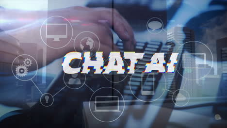 animación de inteligencia artificial texto y procesamiento de datos sobre hombre caucásico usando computadora