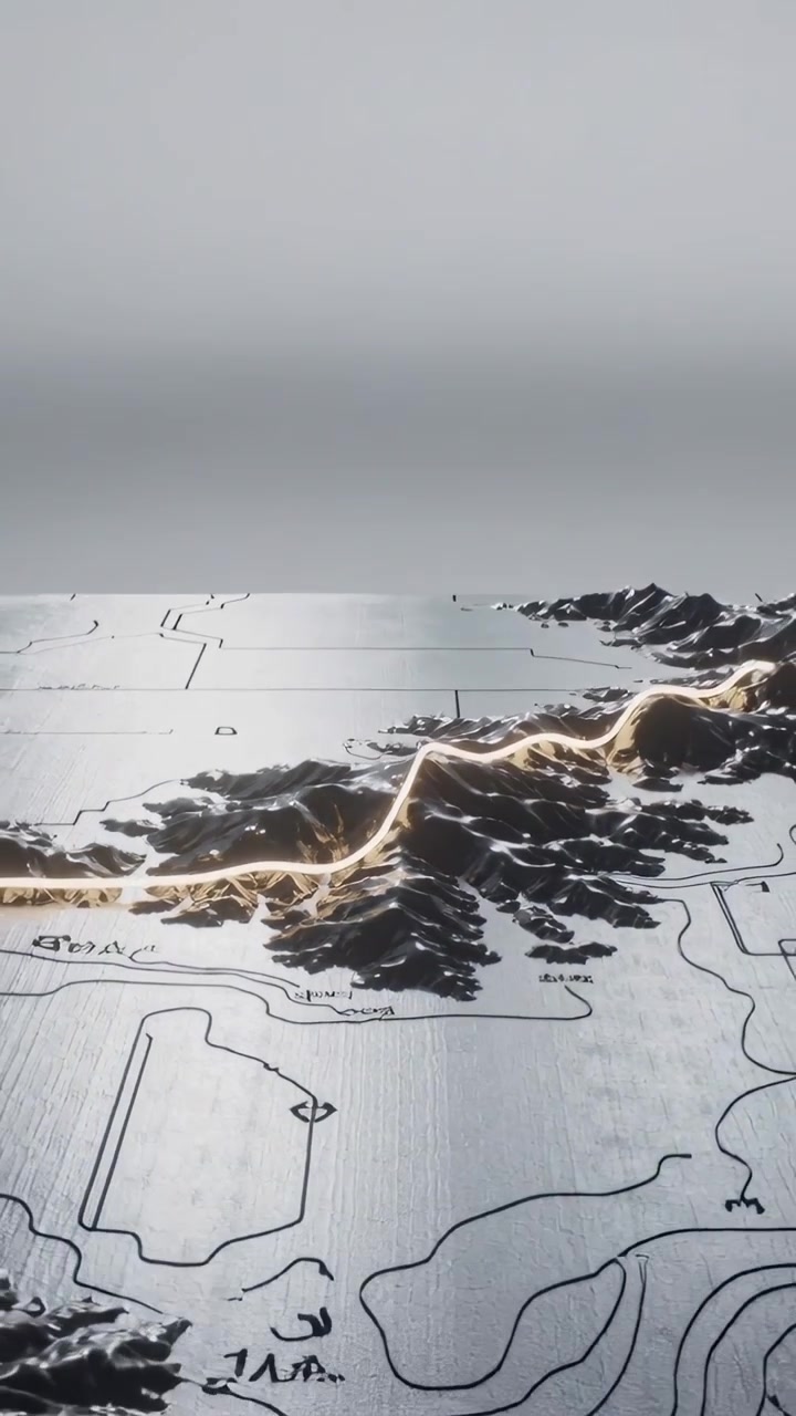 Vidéo verticale : Ruban fluide partant du bord gauche, traçant un terrain 3D sur un panneau métallique