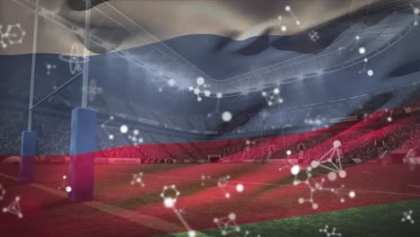 animación de moléculas sobre la bandera de rusia y el estadio deportivo de rugby.