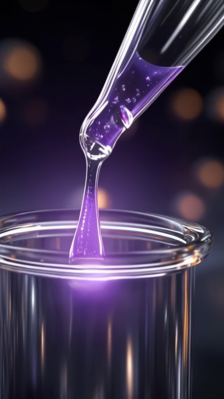 Um Líquido Roxo Vibrante Sendo Gotejado em um Recipiente de Vidro, Criando Padrões e Bolhas Fascinantes Contra um Fundo Escuro Misterioso com Brilhos.