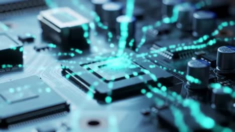 an abstract representation of a microchip circuit board with energetic flow illustrating electrical connections and modern technology in motion