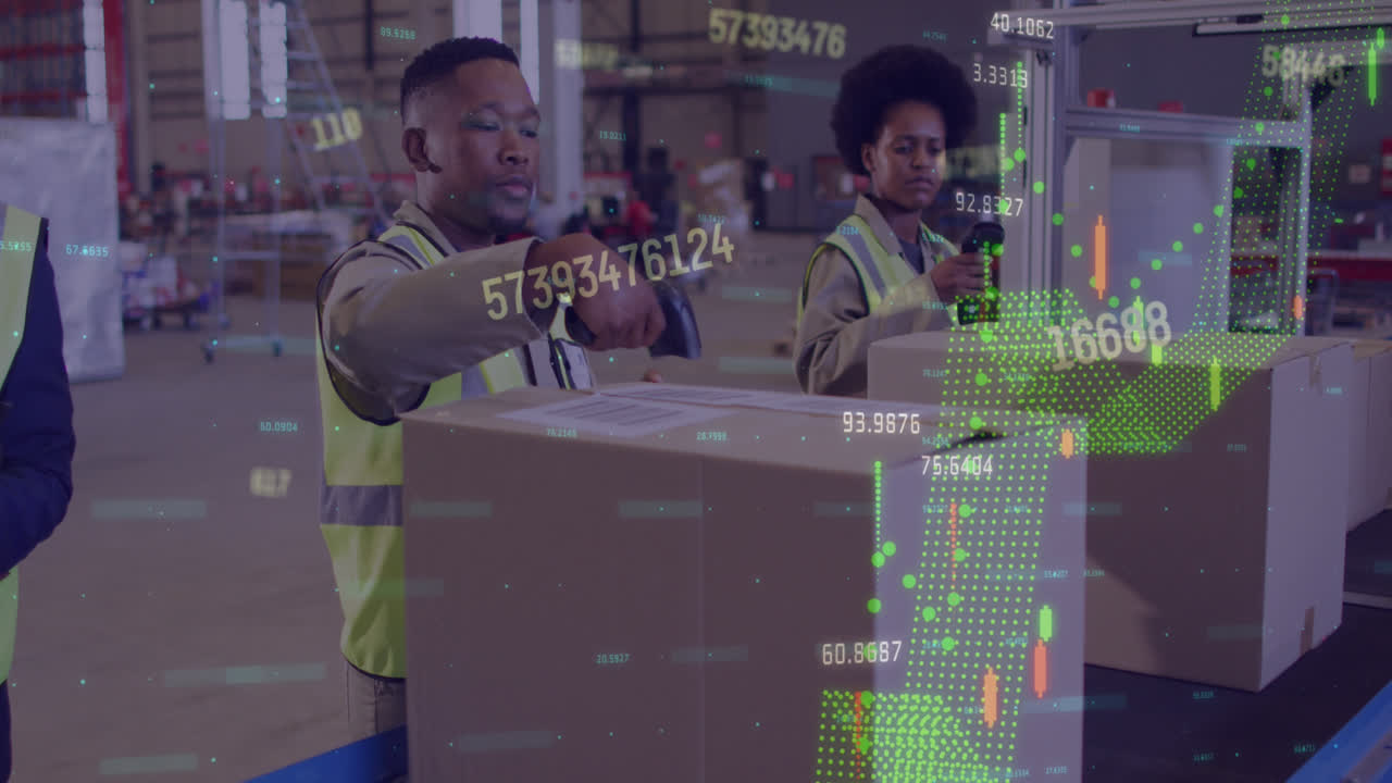 Animation of financial data processing over diverse people working in warehouse