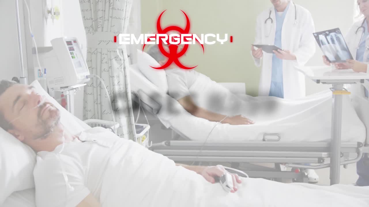 코로나바이러스 개념 텍스트와 바이오 위험 기호 병원 침대에 있는 남성 환자에 대해