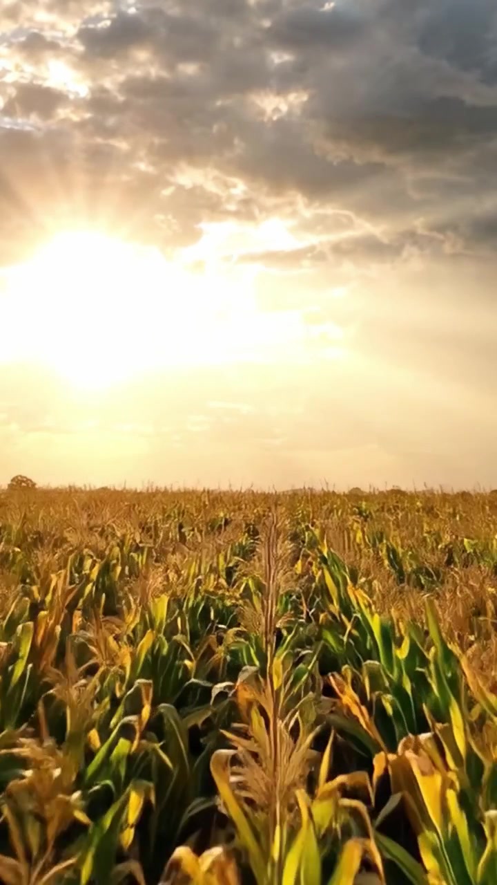 Golden Cornfield Under Beautiful Evening Sky: A Serene Landscape Captured with Sunlight Filtering Through Clouds and Illuminating the Rows of Crops