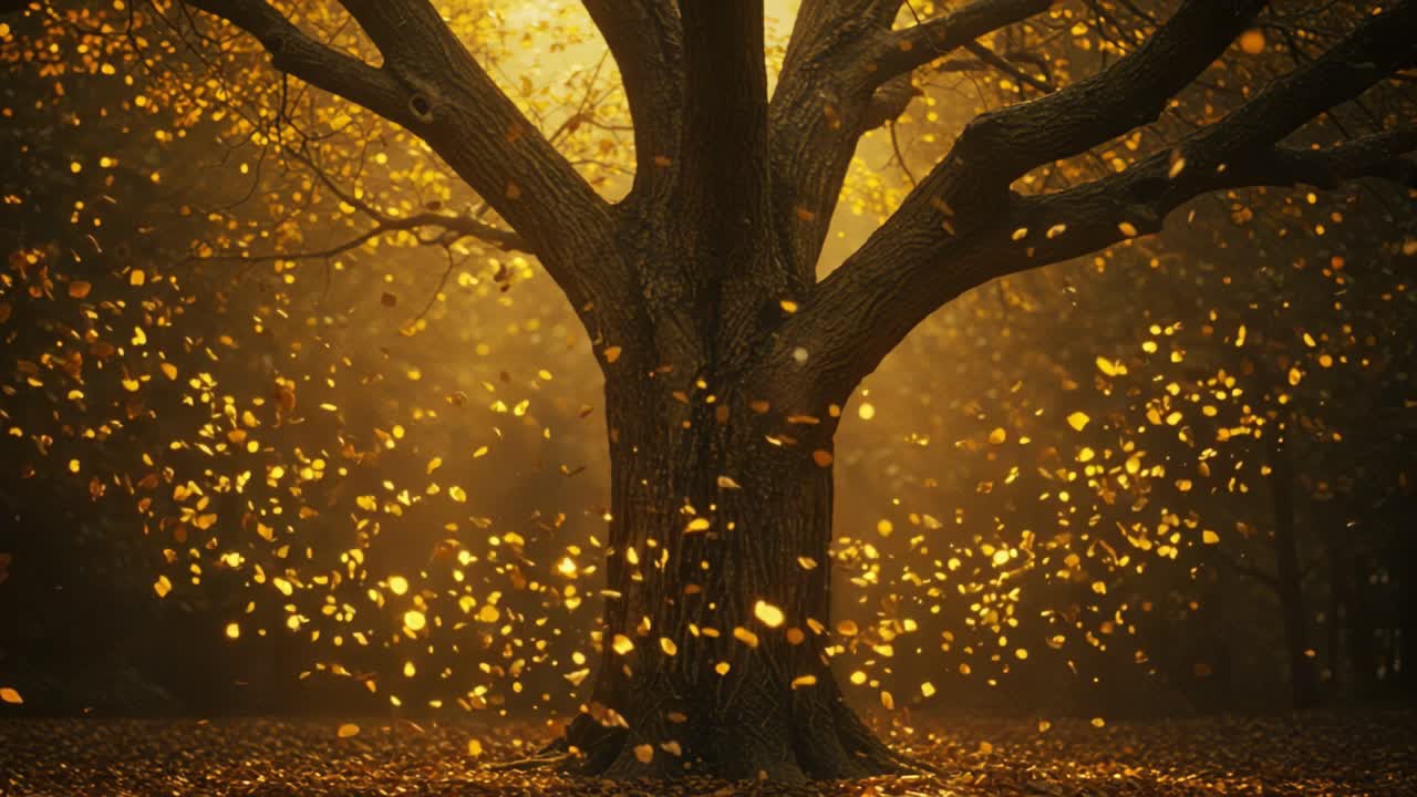 An Enchanted Autumn Scene Depicting a Majestic Tree Surrounded by Golden Leaves, Illuminated by Soft Sunlight, Capturing the Essence of Nature's Beauty