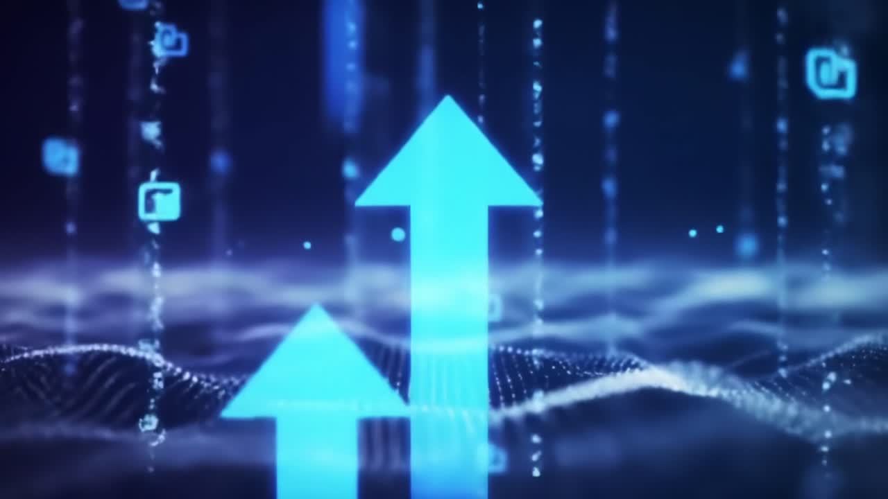 A Dynamic Visualization of Ascending Data Streams in a Digital Environment, Featuring Blue Arrows Representing Growth and Progress Amidst Flowing Patterns