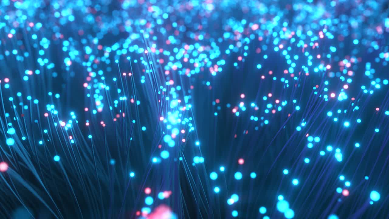 cables de fibra óptica con señales intermitentes. transmisión de datos digitales a través de cable de fibra ótica. ramo de fibras ópticas de colores con bokeh. concepto tecnológico. bucle sin costuras 3d render