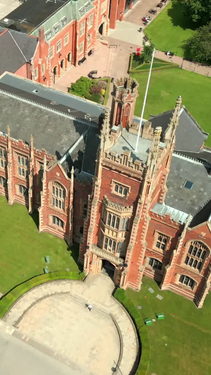 Rising social ratio aerial video of Queen's University, Belfast on a bright and sunny day. Filmed in 1080x1920, 60fps and with Rec709 color