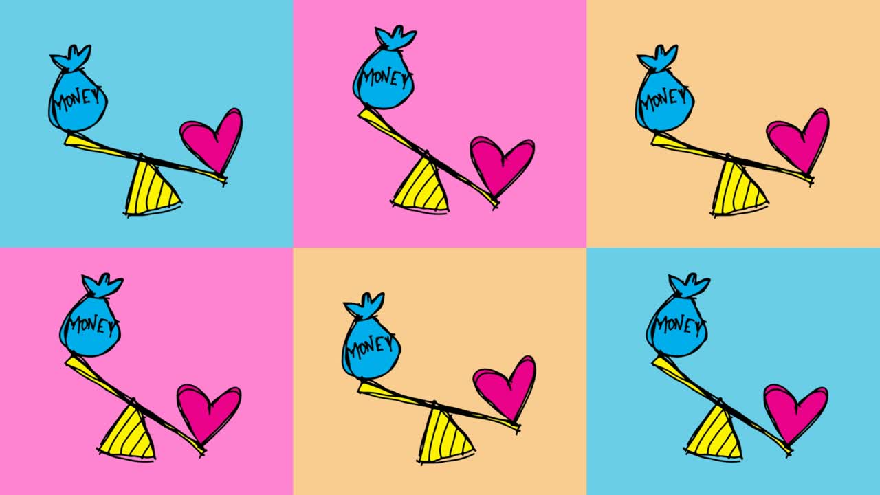 bambini che disegnano pop art sullo sfondo senza cuciture con il tema dell'amore e del denaro