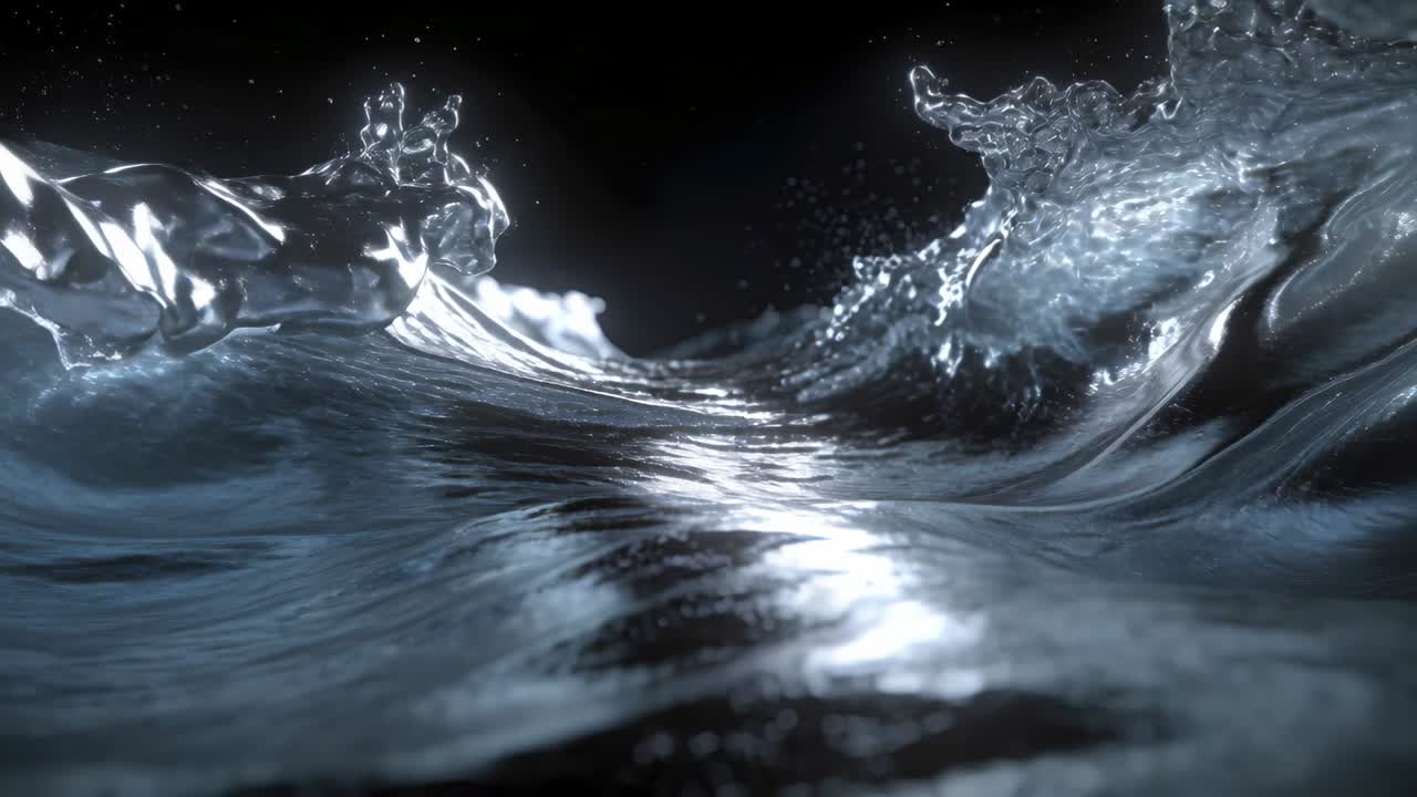 Vorrückendes zentrales Wellental schiebt Wellenkämme an der Wasserlinie, bildet eine brechende Welle, Gischt, Glitzern.