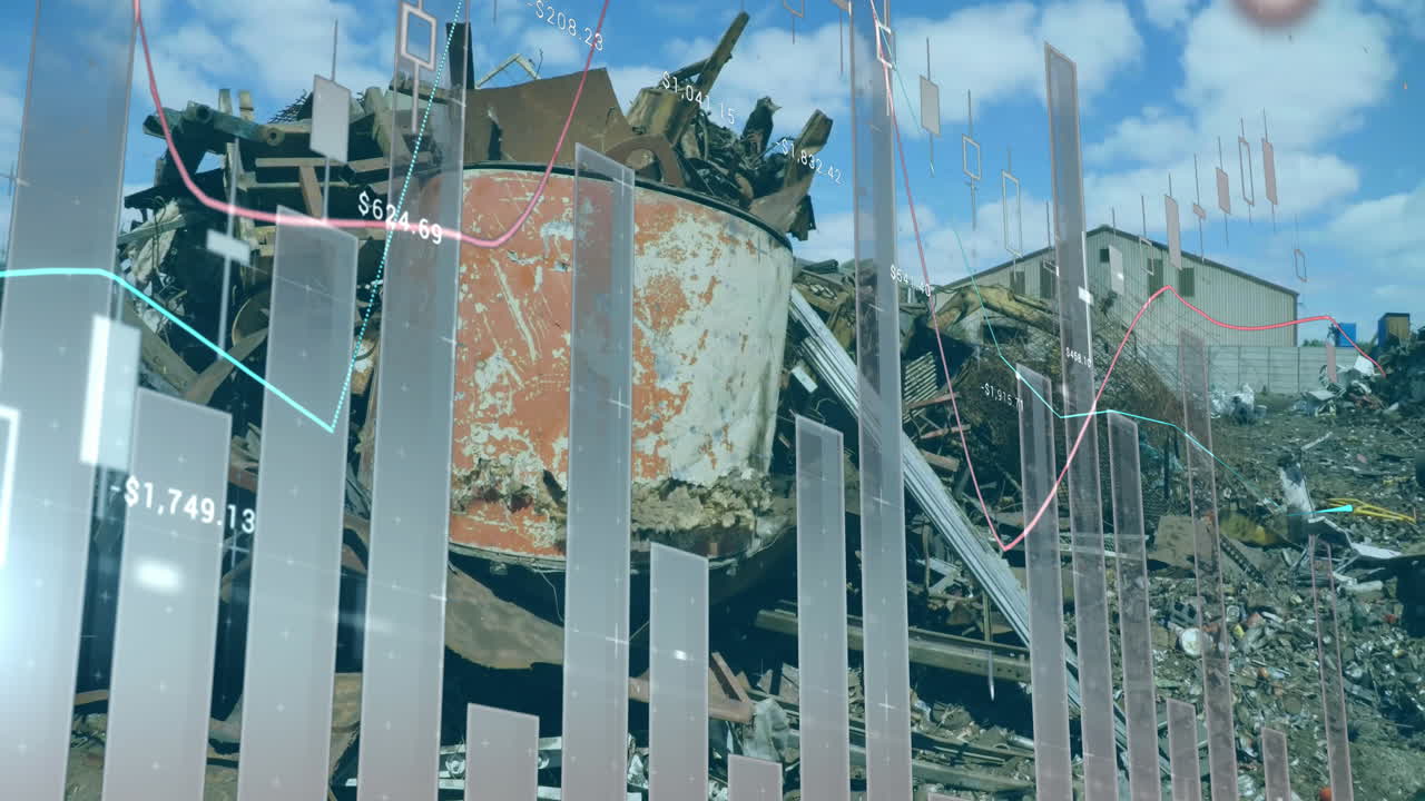 Animation of multiple graphs over piled up metal scrap in scrapyard