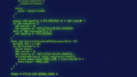 una lista de código de programa de computadora revuelto, lleno de fallas, errores y distorsiones, mostrado como texto verde sobre un fondo azul, desplazándose hacia abajo