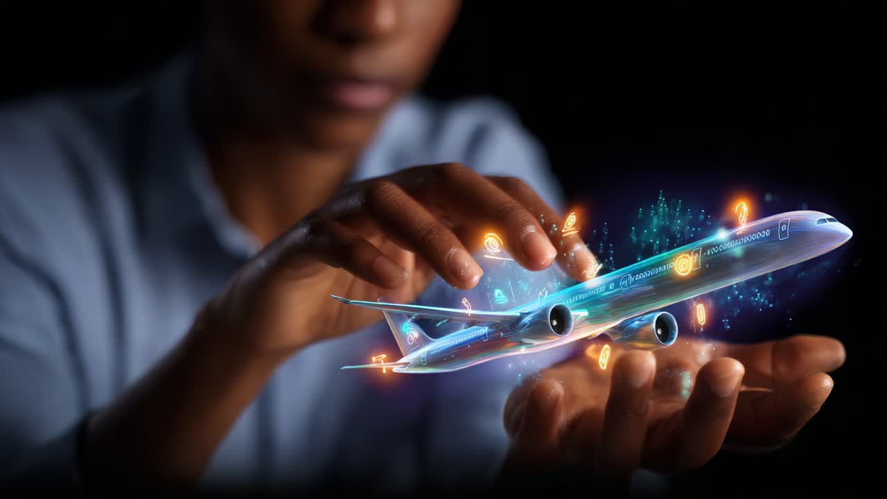 A mesmerizing digital interaction showcasing a person manipulating a holographic airplane model, illustrating futuristic technology and innovation in aviation design