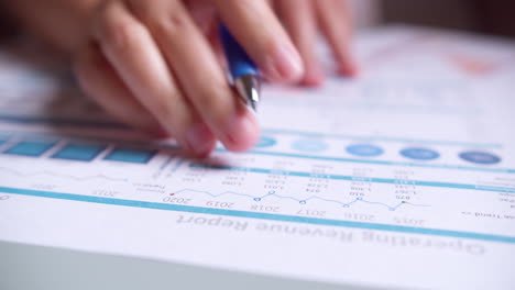 primer plano de las manos de una mujer de negocios con pluma trabajando en el escritorio de la oficina y analizando gráficos y gráficos, comprobando el informe de ganancias