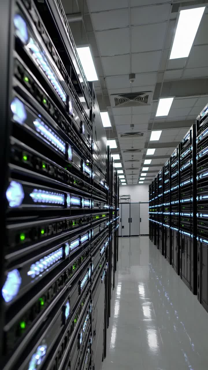 Wide-angle shot of a futuristic server room with glowing lights, capturing the essence