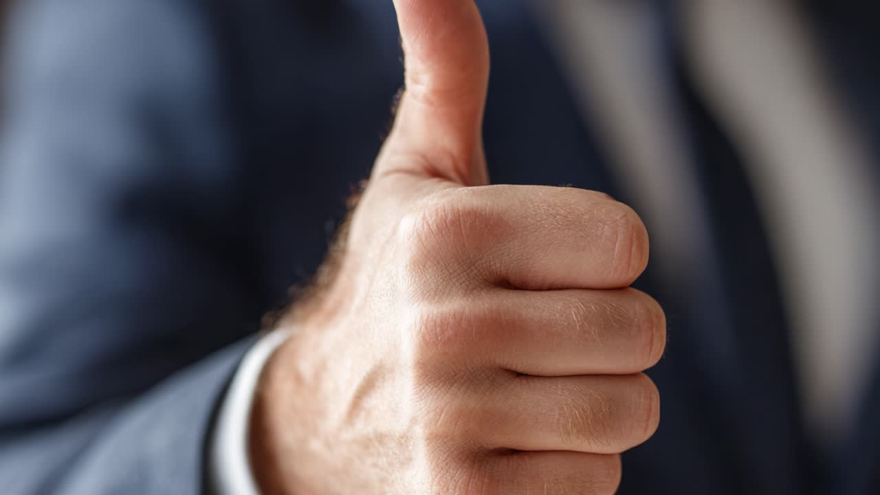 A Confident Thumbs-Up Gesture Symbolizing Approval and Success in Professional Settings, Showcasing Positive Body Language and Affirmative Communication Skills