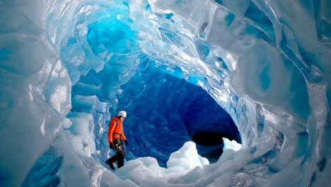 adventurer exploring a vibrant blue ice cave