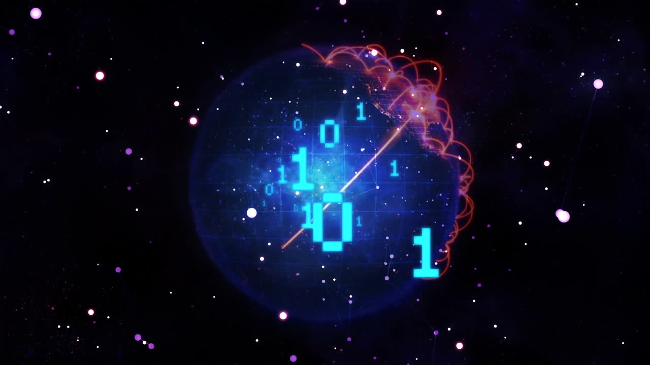 animación de codificación binaria y globo con formas en fondo negro