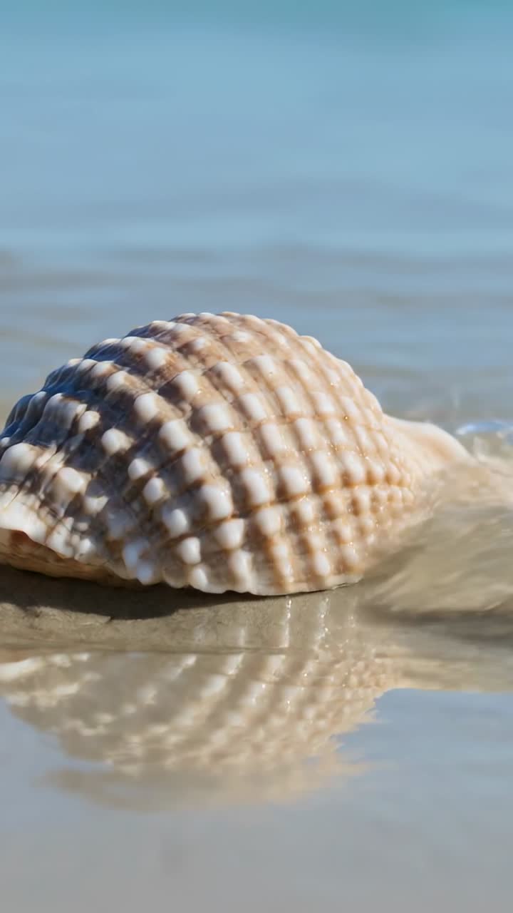 Vertical video: Lapping small incoming wave reaching ridged shell on wet sand, blurring reflection