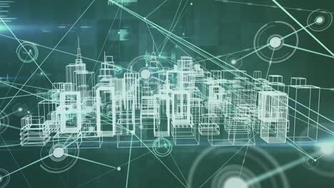 animación de puntos conectados sobre llamaradas de lente y modelo 3d de la ciudad contra un fondo abstracto
