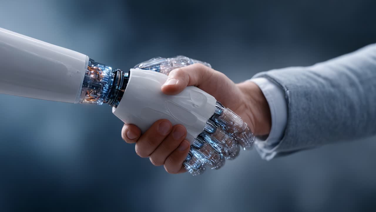 A Human Hand Shaking with a Robotic Prosthetic, Symbolizing Collaboration between Humanity and Advanced Technology in a Futuristic Setting