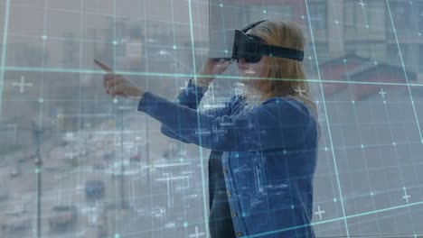 mujer escribiendo en el aire mientras usa un auricular de realidad virtual