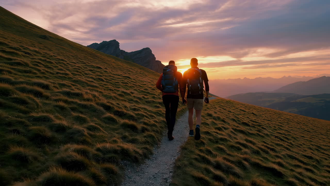 Hikers on Mountain Trail at Sunset