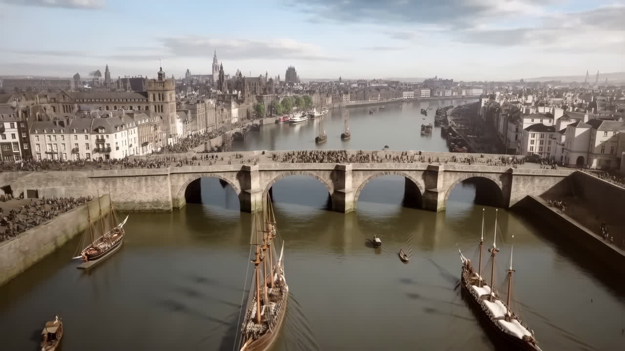Historic City View with a Crowded Stone Bridge and Boats on the River