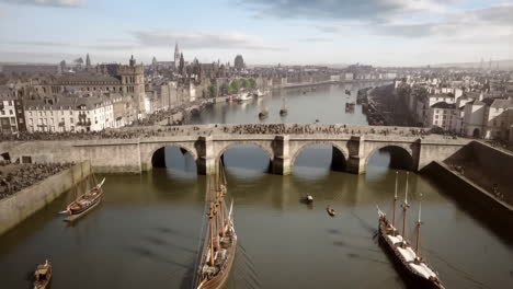 historic city view with a crowded stone bridge and boats on the river