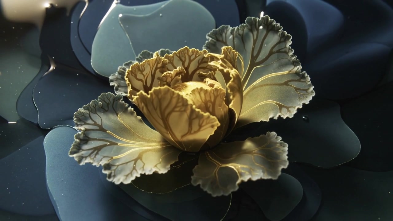 Soft light nudging golden bud lifting and unfolding on blue layers, dark plane reflecting veins
