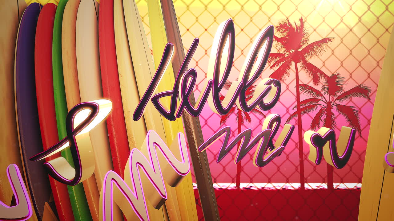 texto animado hola verano y tablas de surf de primer plano con puesta de sol