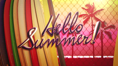 Animated-text-Hello-Summer-and-closeup-surfing-boards-with-sunset